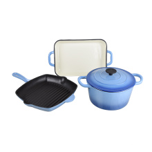 3 piece set blue cast iron enamel cookware set
